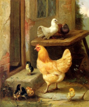 Edgar Hunt Painting - A Hen Chicks And Pigeons poultry livestock barn Edgar Hunt